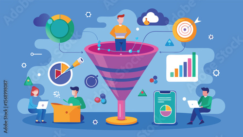 Illustration of a sales funnel with data analysis and team collaboration in a business setting