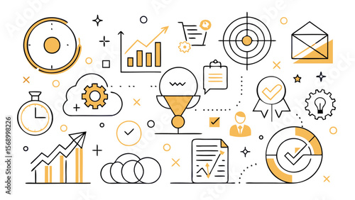 Illustration of business and finance icons with charts, graphs, and symbols in a line art style