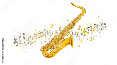 Golden wind instrument, musical notes, and sound waves on a white background