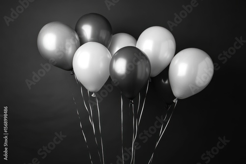 Realistic helium balloons in grayscale over dark background for promotional design