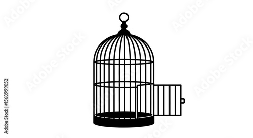 Empty birdcage stands open, symbolizing freedom and release, on a white background with copy space, a clean and minimalist illustration.