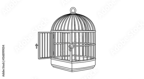 Open birdcage symbolizes freedom with line drawing on white background, representing escape and liberation with copy space.