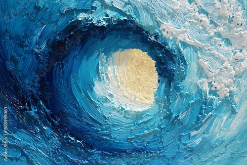 Impasto Ocean Wave Abstract Painting, Blue and White Palette Knife Texture