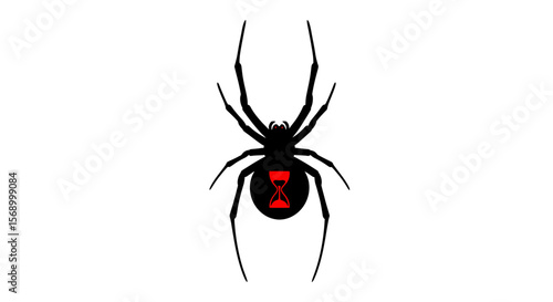 Black Widow Spider Silhouette Displays a Red Hourglass Mark, isolated on white, insect illustration with negative space.