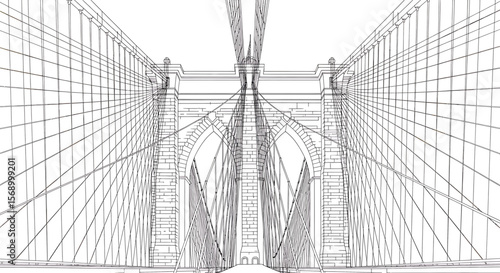Bridge Blueprint: Suspensions Converge in Technical Drawing, Illustrating Engineering Design with Wireframe Detail and Architectural Precision.