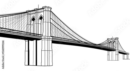 Bridge Illustration: A Suspension Structure Spans, Illustrated, in black and white, architectural drawing, engineering, perspective, landmark, with copy space.