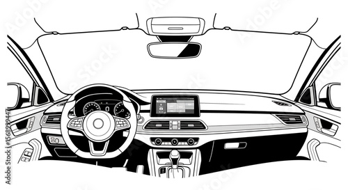 Car Interior Design: Illustrative Front View Showcasing Dashboard, Steering Wheel, and Controls with Automotive Design Elements in Black and White Sketch Style.