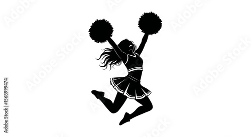Cheerleader Jumps High with Pompoms in Silhouette Against White Backdrop, Action Shot with Copy Space