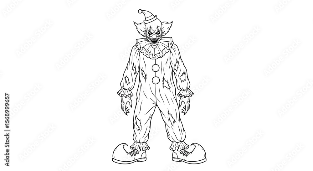 Obraz premium Creepy Clown stands menacingly, isolated on white, line art illustration for Halloween design with negative space.