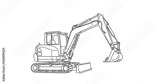 Excavator Outline: Illustrates Construction Equipment on White Background, showcasing engineering precision, with technical drawing style.