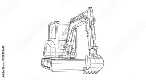 Excavator Outline Illustrates Construction Equipment, Isolated on White, for Engineering Design with Copy Space