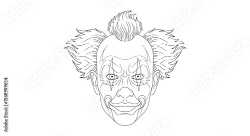 Clown Face Art: Line Drawing Depicts a Clown's Expression on a White Background, artistic, vector illustration, with copy space