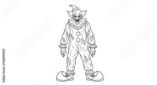 Creepy Clown stands menacingly, isolated on white, line art illustration for Halloween design with negative space.