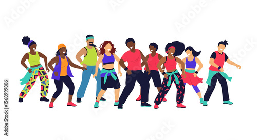 Diverse Group Performs Zumba Dance Class together with energy and enthusiasm, isolated on white background, teamwork concept, full shot, flat lay illustration.