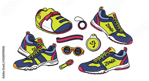 Zumba Equipment Arranged, Showcasing Fitness Accessories on a White Background, Including Sneakers and Sunglasses, for a Fun, Active Lifestyle; vector illustration.