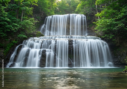 Cascading waterfall flowing over rocky ledges, surrounded by lush green trees in a tranquil forest setting.
