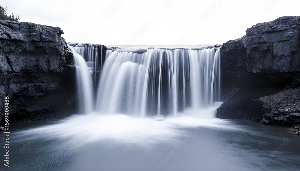 Dramatic waterfall flowing between rocky cliffs in soft long exposure, misty and tranquil nature scene perfect for travel, landscape photography, and outdoor inspiration Dramatic waterfall flowing between rocky cliffs in soft long exposure, misty and tranquil nature scene perfect for travel, landscape photography, and outdoor inspiration