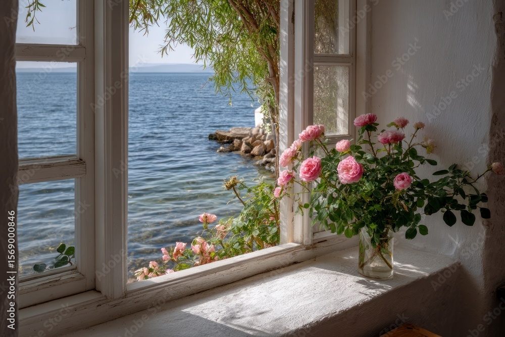 Fototapeta premium A window view to the sea with pink roses in a vase on the windowsill