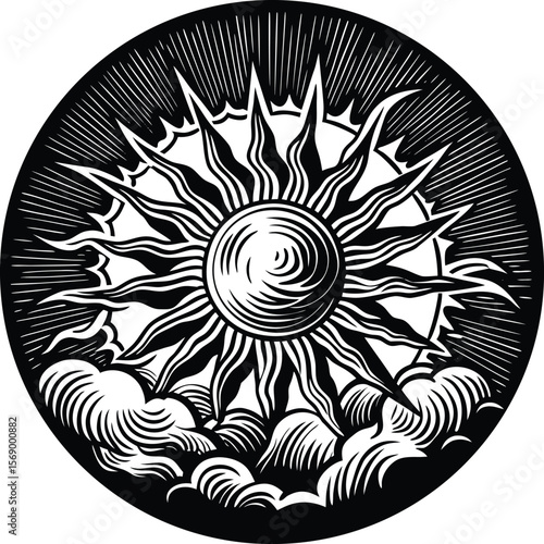 Sunburst Illustration Celestial Sun Rising Above Clouds - Vintage Woodcut Style