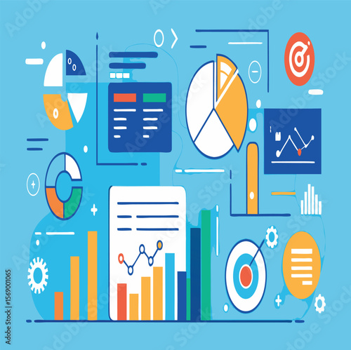 Colorful business charts and graphs showing data analysis and statistical information representation here