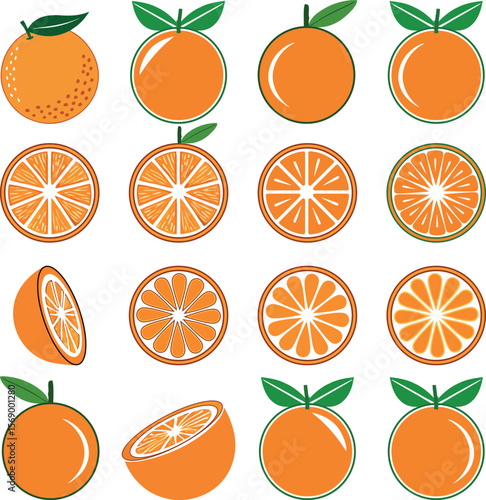 Collection of stylized orange fruit illustrations showing whole fruits halves and slices on a white background