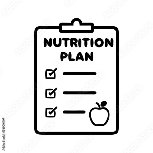 Nutrition plan sheet on clipboard with checklist and apple icon  