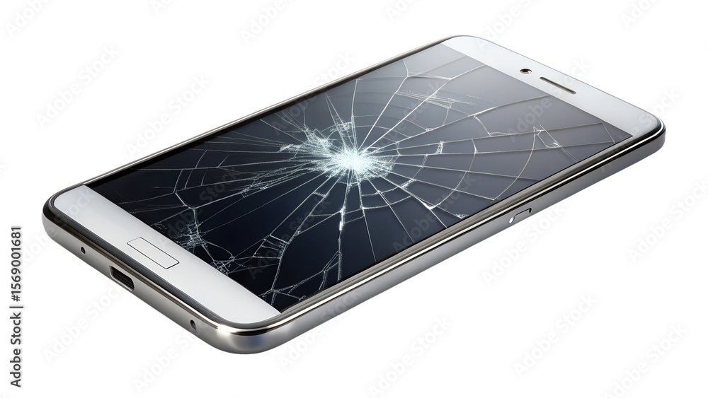 A cracked smartphone screen with spiderweb fractures is isolated on transparent background A cracked smartphone screen with spiderweb fractures is isolated on transparent background
