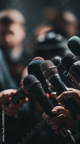 Press conference setup with multiple microphones under dramatic lighting