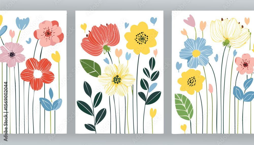 Obraz premium Abstract minimalist posters with line art spring flowers. Set of trendy wall art, modern floral prints. Vector Illustration.leaf, colourful, cover, graphic, invitation, minimal, minimalist, painting, 