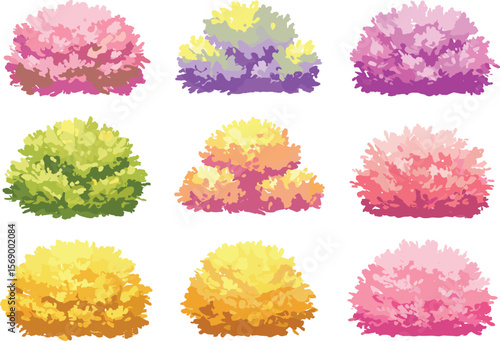 Colorful cartoon flower bushes set, blooming decorative shrubs with gradient petals, landscape garden foliage clipart, vibrant floral vector for nature design elements