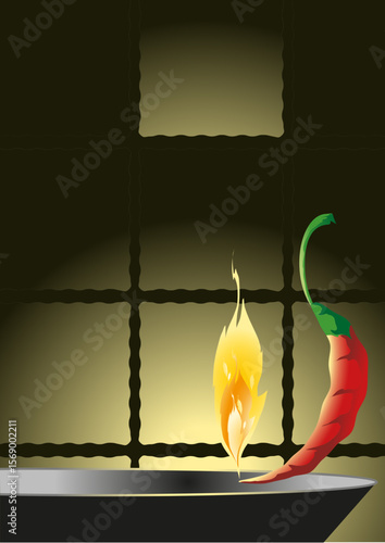 Background with chilli and open fire