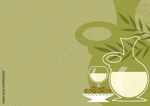 Wine carafe and wine glass with white wine on olive green background