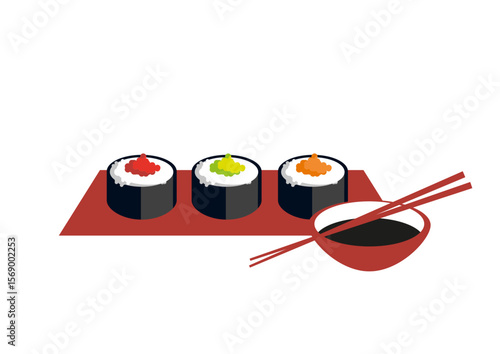 Sushi platter with various dishes and a bowl of soy sauce