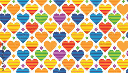seamless pattern. LGBTQIA Pride Month. Trendy geometric background with colorful hearts. Symbol of the LGBT community. Rainbow flag LGBT. Vector.community, festival, freedom, minimalist, month,
