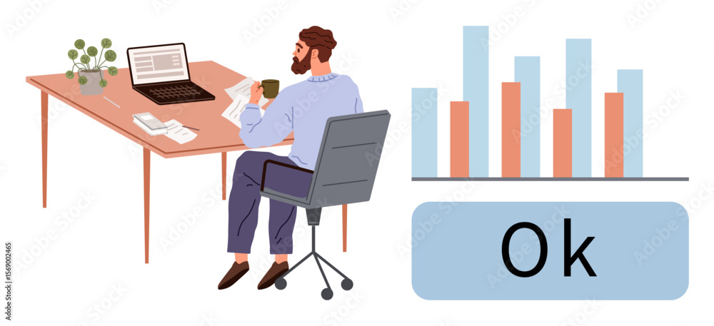 Fototapeta premium Man analyzing documentation at desk with laptop, coffee, and graphs. Ideal for productivity, analytics, remote work, decision-making, organization, efficiency simple flat metaphor