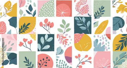 abstract flowers, organic nature shapes, plants in paper cut collage style. Trendy pastel modern floral illustration. Vector summer design for cards, textile, posters.children, leaf, collage, 