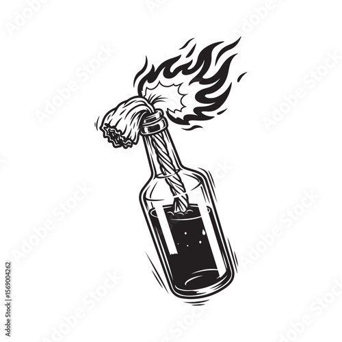 Black and white Molotov cocktail vector illustration with flames