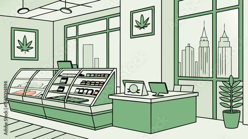 Cannabis dispensary interior design with marijuana leaf decor and product display showcase for retail sale