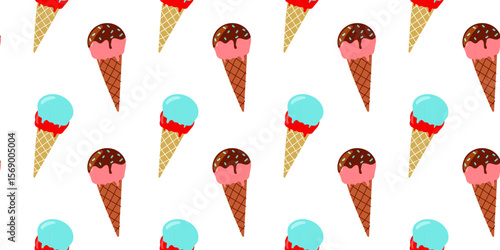 Colorful ice cream cones create a delightful pattern on a white background showcasing various flavors and textures