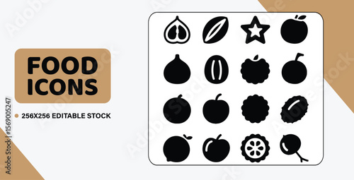A collection of 16 filled vector symbols of assorted fruits, like a fig, a star fruit, and a jackfruit bulb, with a minimalist look.
