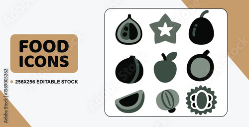 A collection of 16 filled vector symbols of assorted fruits, like a fig, a star fruit, and a jackfruit bulb, with a minimalist look.
