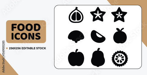 A collection of 16 filled vector symbols of assorted fruits, like a fig, a star fruit, and a jackfruit bulb, with a minimalist look.
