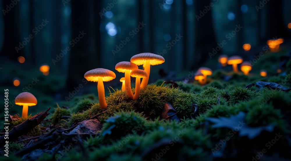 Fototapeta premium Psilocybin concept ,Glowing fungi illuminating dark forest floor with moss and leaves creating magical atmosphere at night