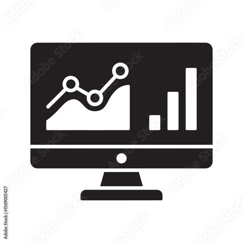 Online analytics dashboard on computer monitor showing business intelligence data for financial monitoring marketing report and stock market analysis vector solid glyph icon
