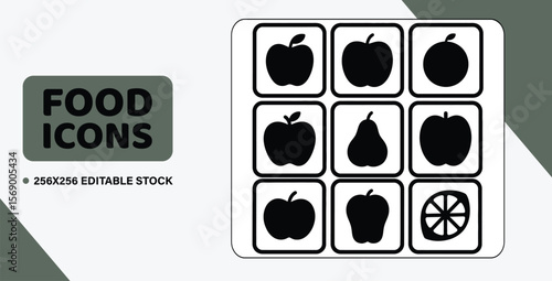 A grid of 9 solid black vector icons of fruits, featuring an apple, a pear, and a lemon, in a clean, graphic style.
