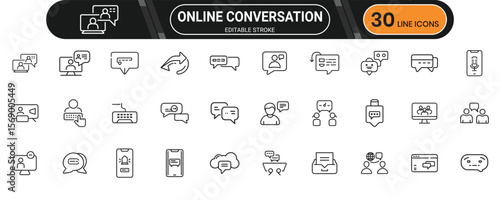 Online conversation line icon set. Containing chat, video call, message, discussion, group, interaction, emoji, comment and more. Editable stroke. Vector illustration.