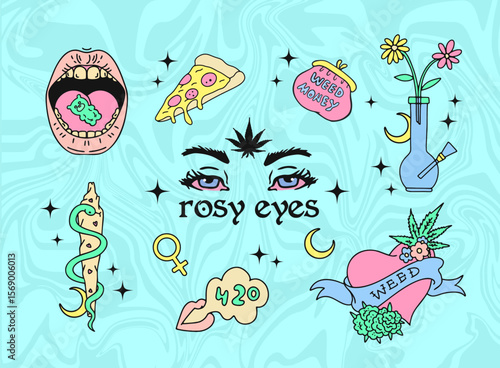 marijuana symbols for girls: rosу eyes, bonk, joint, weed, 420, gummy bears