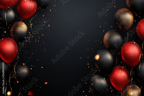 Modern sale banner design, dark tone with glossy red balloons and shining gold accents