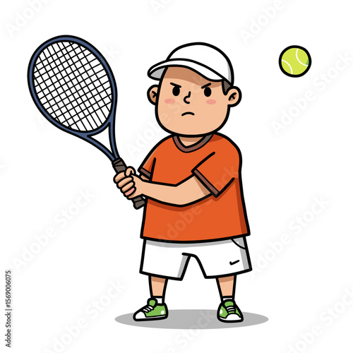 Young boy playing tennis with racket and focused expression  