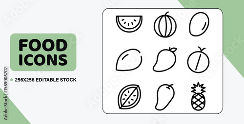 A set of 12 outline vector icons of juicy fruits, including a watermelon, a mango, and a pineapple, with consistent line weight.
